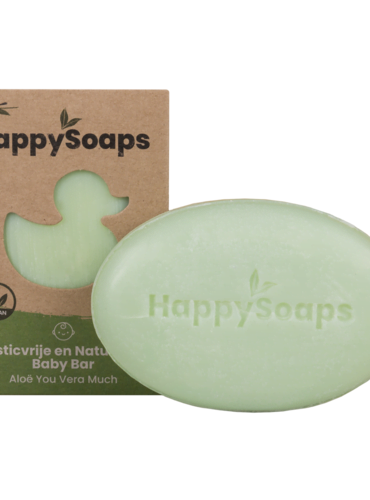 Plasticvrije en natuurlijke groene baby shampoo en zeep bar van het merk Happy Soaps